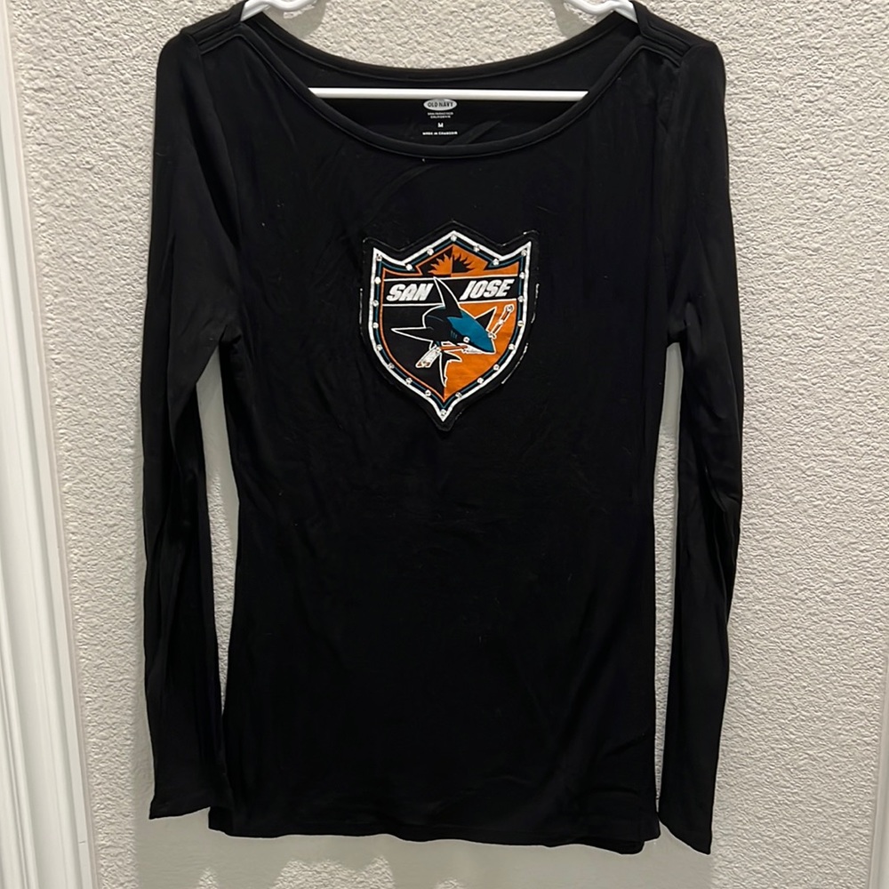 NHL San Jose Sharks hockey tee with gorgeous swarovski stones appliqué worn 1x